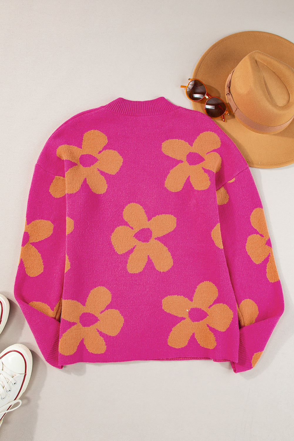 Langarmpullover mit Stehkragen und großem Blumenmuster in Rose