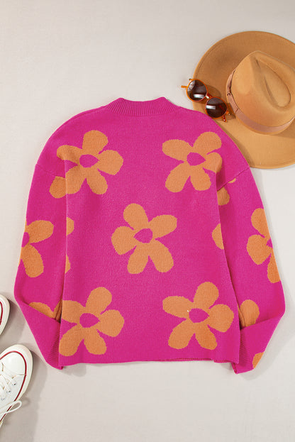 Langarmpullover mit Stehkragen und großem Blumenmuster in Rose