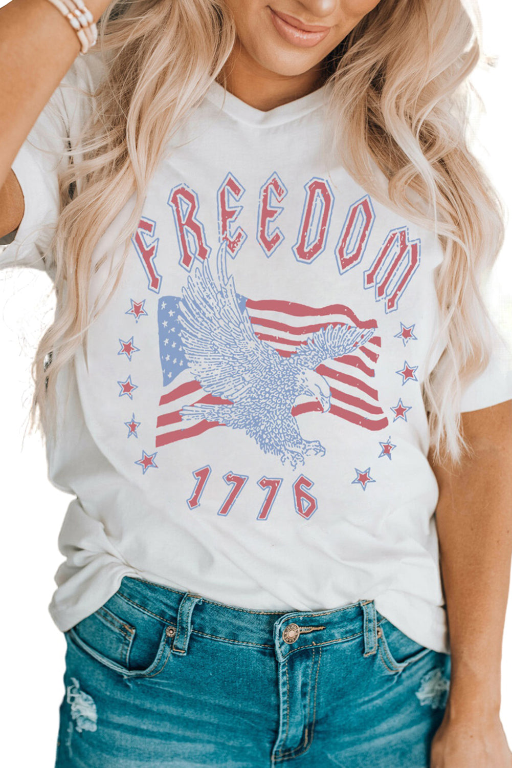 Weißes FREEDOM Adler Flaggendruck 1776 Grafik T-Shirt