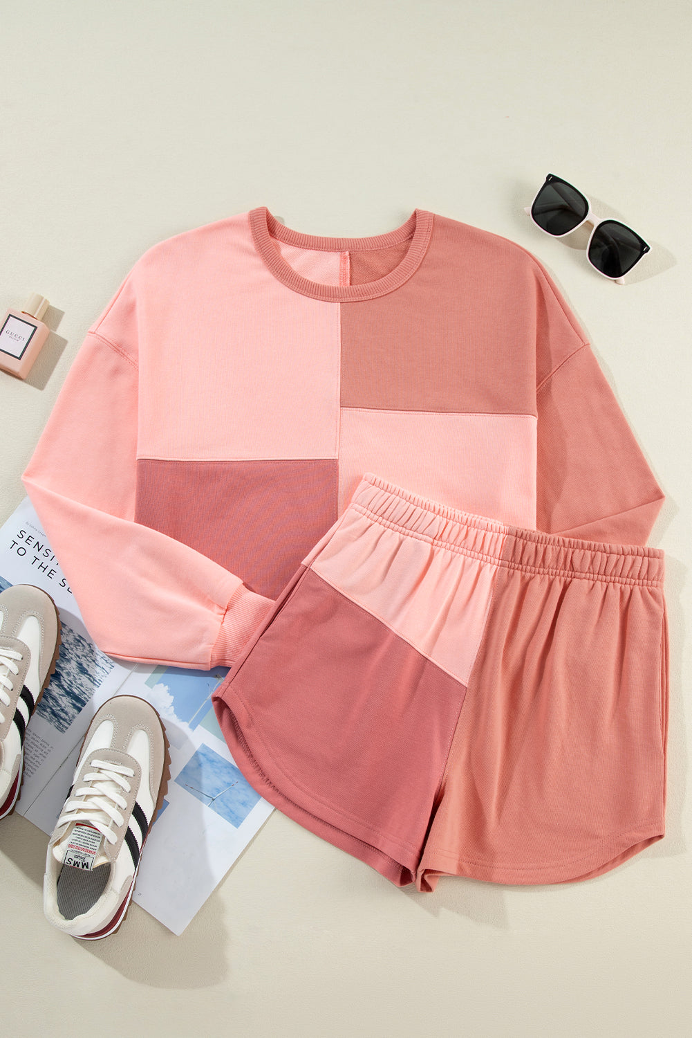 Pfirsichblüten-Colorblock-Patchwork-Langarm-Shorts-Outfit