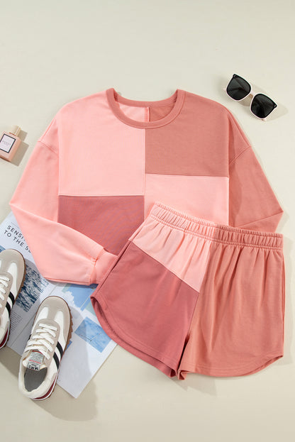 Pfirsichblüten-Colorblock-Patchwork-Langarm-Shorts-Outfit