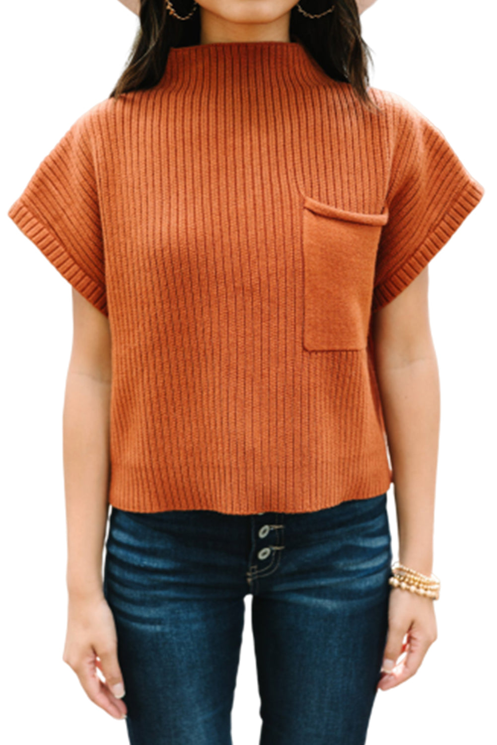 Gold Flame Patch Pocket Rippstrick-Kurzarmpullover