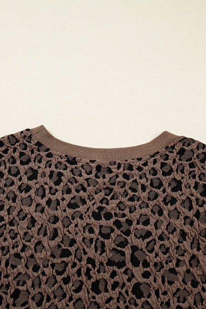 Brown Ribbed Trim Leopard Print Long Sleeve Top