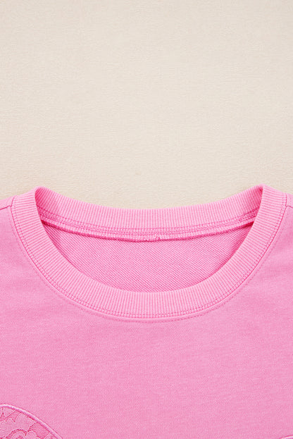 Pink Big Bow Lace Embroidered Dolman Sleeve Slit Plus Size Sweatshirt