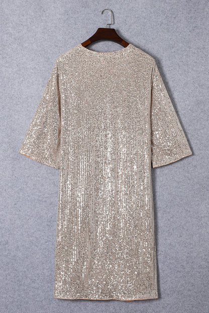 Aprikosenfarbener Kimono mit Pailletten und 3/4-Ärmeln und offener Vorderseite