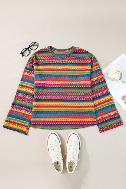 Rosarotes, mehrfarbiges, langärmliges Jacquard-T-Shirt mit geometrischem Muster