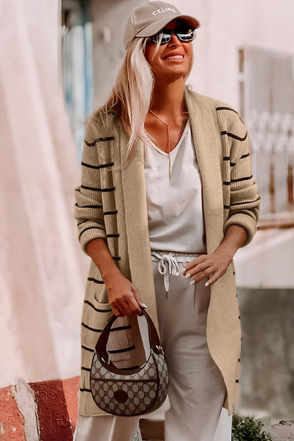 Schwarz gestreifter offener Cardigan mit Schalkragen und Taschen