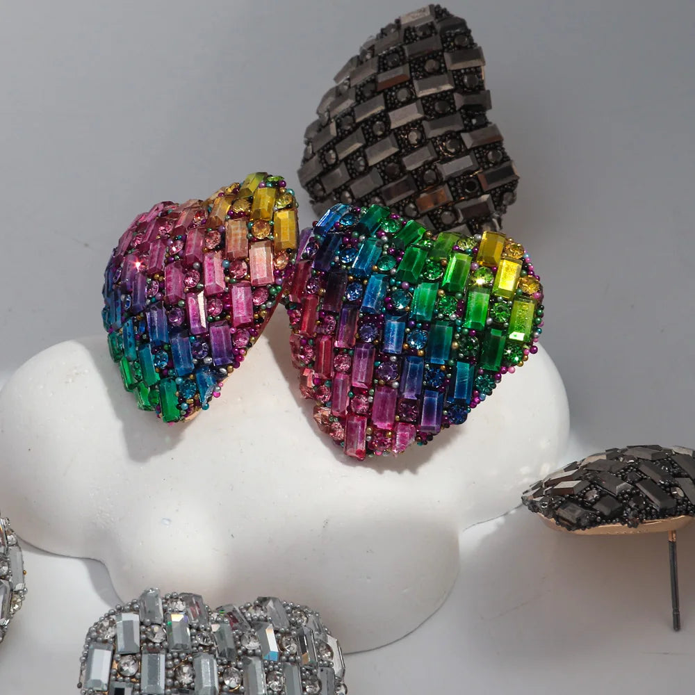 New 26mm Crystal Love Heart Stud Earrings – Shiny Peach Statement for Weddings & Valentine's Day Gifts