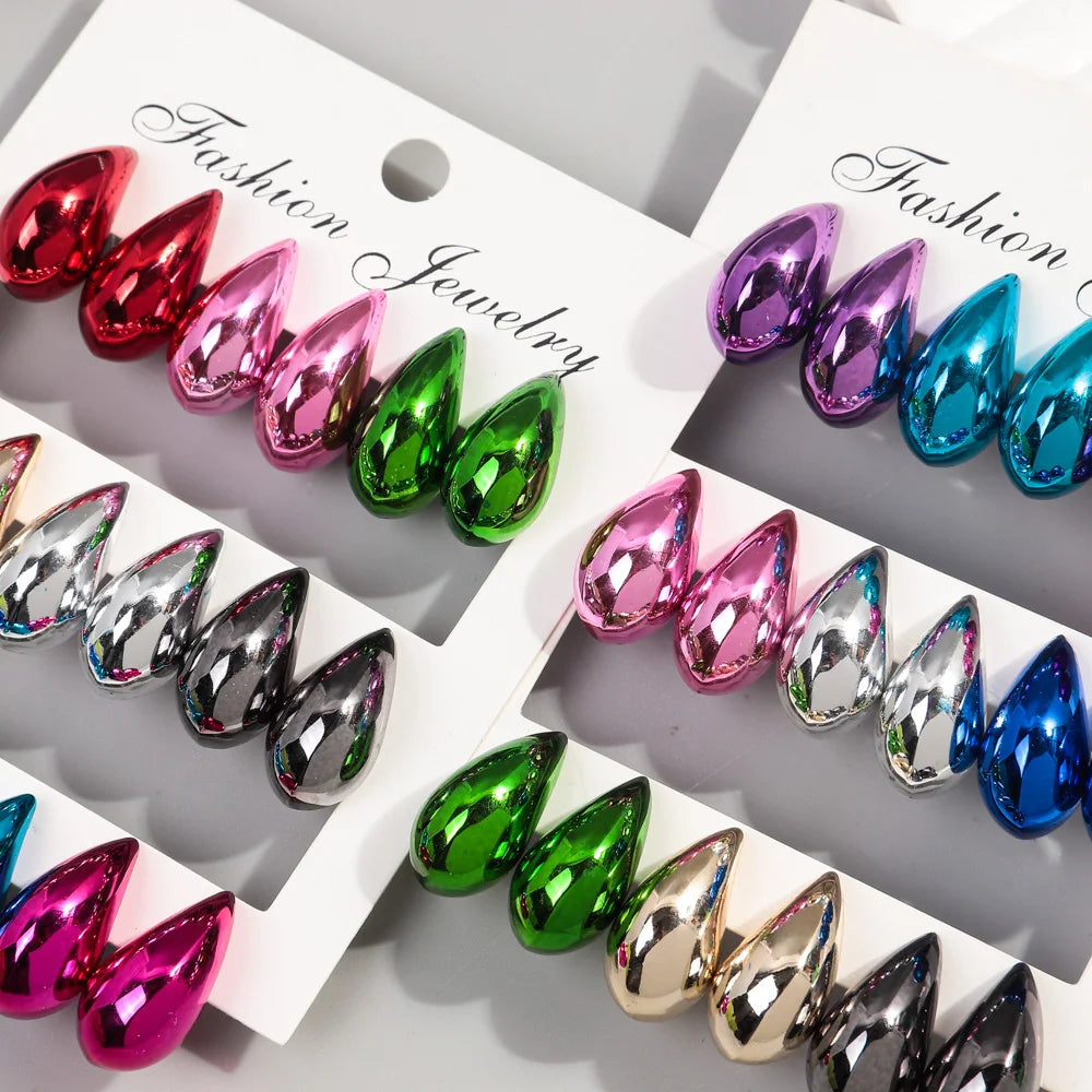 9 Pair Set Acrylic Y2K Waterdrop Hoop Earrings – Metallic Tear Drop Dupes