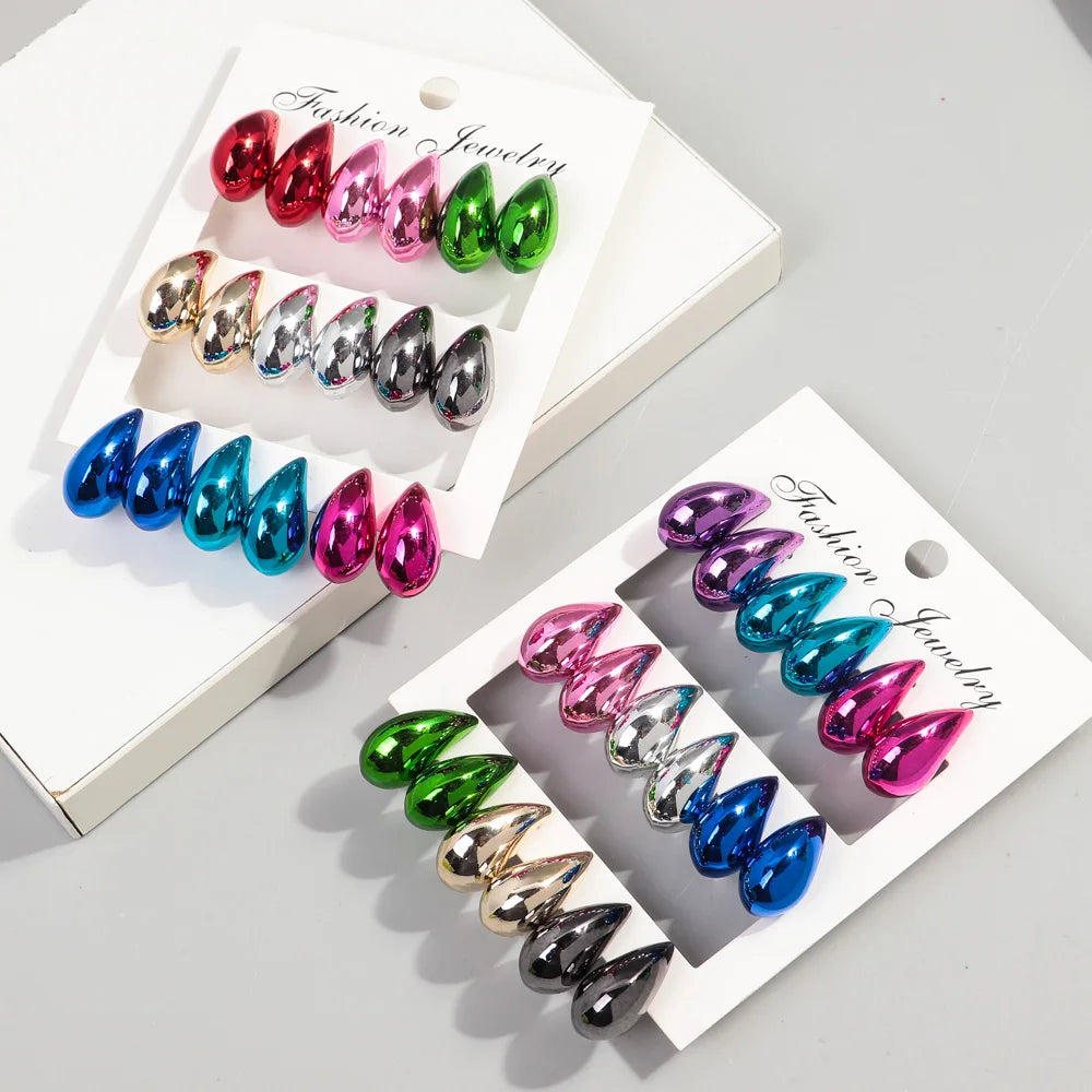 9 Pair Set Acrylic Y2K Waterdrop Hoop Earrings – Metallic Tear Drop Dupes