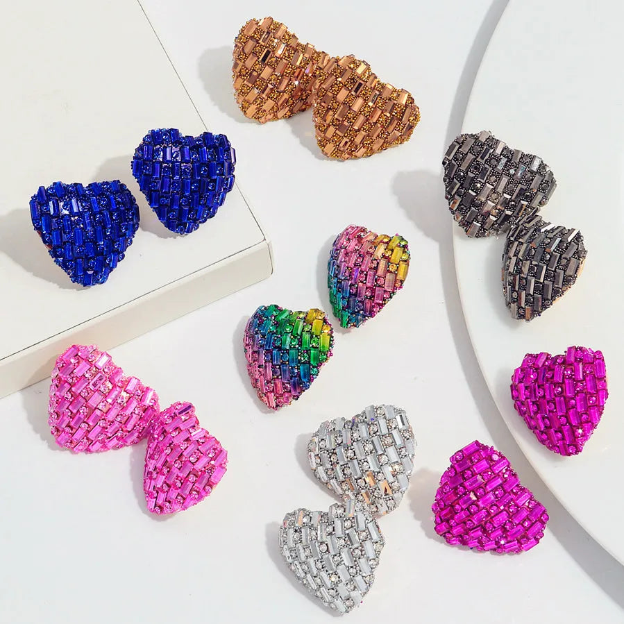 New 26mm Crystal Love Heart Stud Earrings – Shiny Peach Statement for Weddings & Valentine's Day Gifts