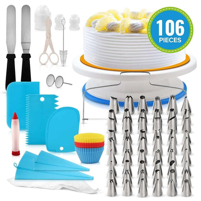 106-in-1-Tortendrehteller-Set, Edelstahl, Dekorationsmund, Kuchendekorations-Backwerkzeug, 106 Teile/Set, Lila, 106 Teile/Set, Blau