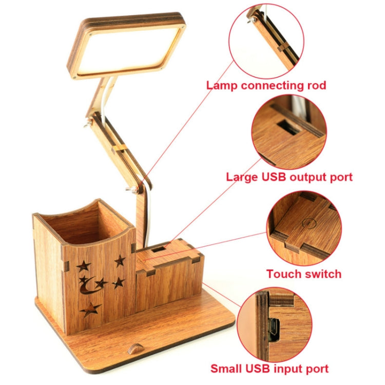 Holz-Multifunktions-Touch-USB-Stifthalter-Schreibtischlampe, Studenten-Desktop-Lade-Leselampe, LED-Augenschutz-Tischlampe, USB-Stecker ohne Batterie, USB-Lade-eingebauter Akku