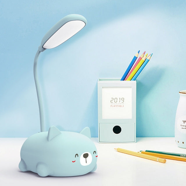 LED-Leselampe mit Augenschutz im Cartoon-Katzen-Design, wiederaufladbar über USB, Blau, Weiß, Grün, Rosa