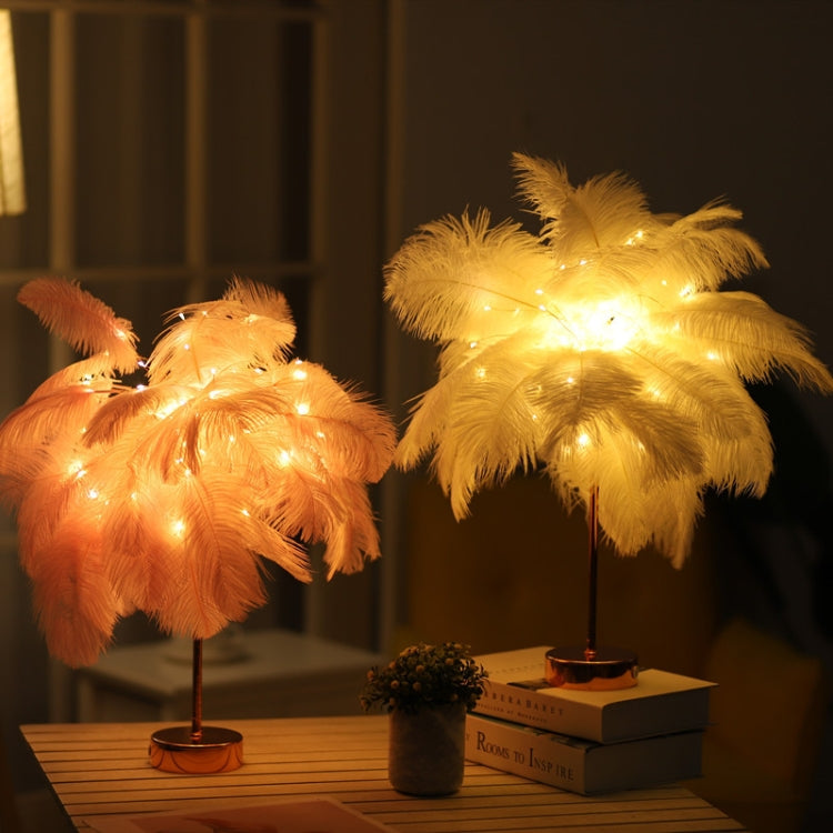 Straußenfeder-Tischlampe, Schmiedeeisen-Nachtlicht, LED-Kupferdrahtlampe, Gelb, Grau, Violett, Orange, Königsblau