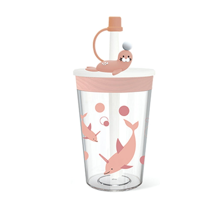 Trinkbecher mit Strohhalm für Kinder mit Cartoon-Meerestieren. Sicherer und umweltfreundlicher Trinkbecher aus Kunststoff, Marineblau, Hellblau, Rosa, Hellgrau