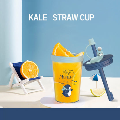 Trinkbecher mit Strohhalm für Kinder mit Cartoon-Meerestieren. Sicherer und umweltfreundlicher Trinkbecher aus Kunststoff, Marineblau, Hellblau, Rosa, Hellgrau