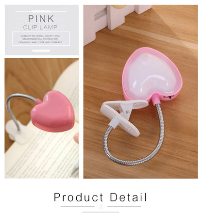 Mini Love Heart Clip LED Book Light Lamps Reading Book Desk Lamp Keyboard Light Eyes-Protect Energy Save Night Lights, Pink, Yellow, Blue