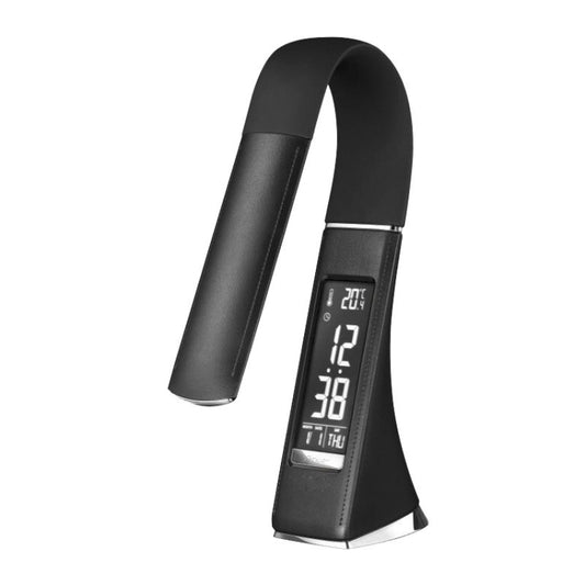 U2 5W 3-stufig dimmbare LED-Schreibtischlampe mit Lederstruktur und Temperatur-/Uhr-/Kalenderanzeige, Schwarz