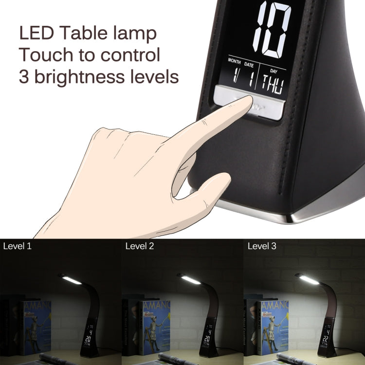 U2 5W 3-Level Dimmable LED Leather Texture Desk Lamp With Temperature/Clock/Calendar Display, Black