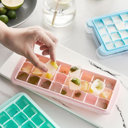 Kreative 24-Gitter-Silikon-Eiswürfelschale für Zuhause, große Eiswürfelform, Eisbox mit Deckel, Hellrosa, Himmelblau, Mintgrün