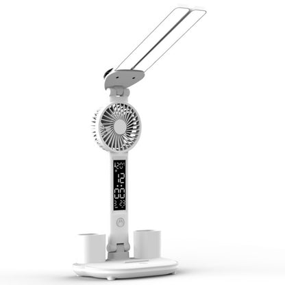 LED-Ventilator-Schreibtischlampe mit Doppelkopfbeleuchtung, Stifthalter und Uhr, Stromversorgung über USB, wiederaufladbar mit 2000 mAh, wiederaufladbar mit 3200 mAh