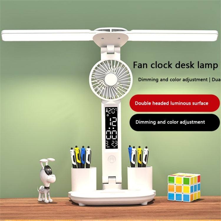LED-Ventilator-Schreibtischlampe mit Doppelkopfbeleuchtung, Stifthalter und Uhr, Stromversorgung über USB, wiederaufladbar mit 2000 mAh, wiederaufladbar mit 3200 mAh