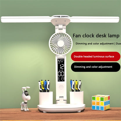 LED-Ventilator-Schreibtischlampe mit Doppelkopfbeleuchtung, Stifthalter und Uhr, Stromversorgung über USB, wiederaufladbar mit 2000 mAh, wiederaufladbar mit 3200 mAh
