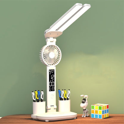 LED-Ventilator-Schreibtischlampe mit Doppelkopfbeleuchtung, Stifthalter und Uhr, Stromversorgung über USB, wiederaufladbar mit 2000 mAh, wiederaufladbar mit 3200 mAh