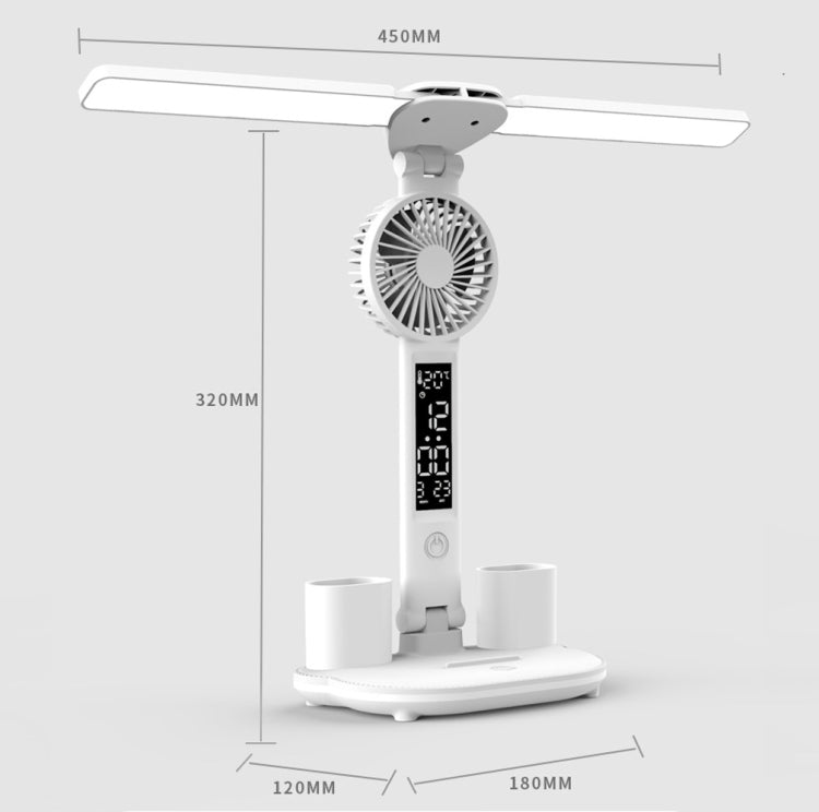 LED-Ventilator-Schreibtischlampe mit Doppelkopfbeleuchtung, Stifthalter und Uhr, Stromversorgung über USB, wiederaufladbar mit 2000 mAh, wiederaufladbar mit 3200 mAh