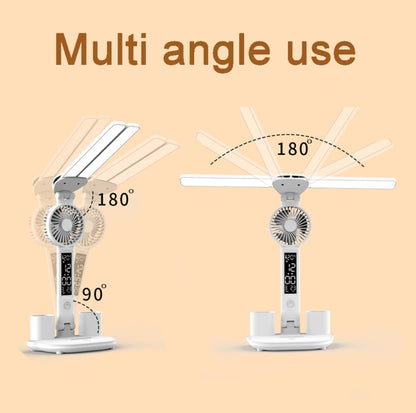 LED-Ventilator-Schreibtischlampe mit Doppelkopfbeleuchtung, Stifthalter und Uhr, Stromversorgung über USB, wiederaufladbar mit 2000 mAh, wiederaufladbar mit 3200 mAh