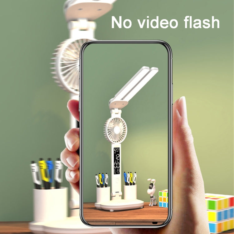 LED-Ventilator-Schreibtischlampe mit Doppelkopfbeleuchtung, Stifthalter und Uhr, Stromversorgung über USB, wiederaufladbar mit 2000 mAh, wiederaufladbar mit 3200 mAh