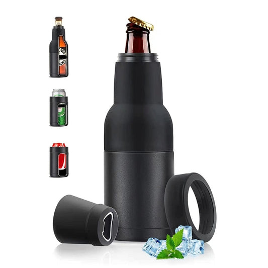 Doppelter Vakuum-Isolierbecher für Cola-Dosen, 340 ml, Edelstahl 304, Bierkühler mit Flaschenöffner, Schwarz