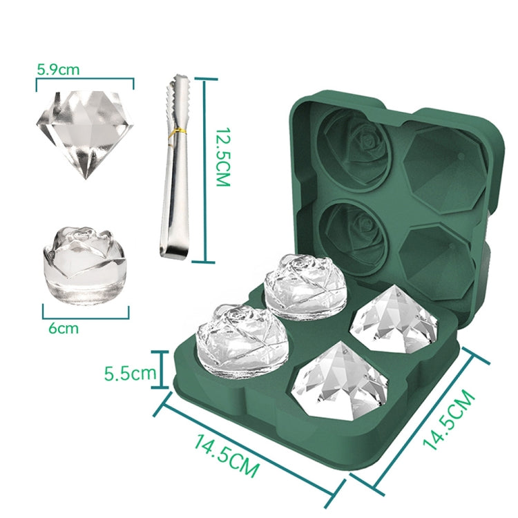 Cocktail-Eiswürfelformen mit 4 Löchern in Rosen-Diamantform, Silikon-Eisball-Maker, Rosenform (Grau), Rosenform (Dunkelgrün), Rosenform (Schwarz), Rosenform (Schwarz mit Eisklammer), Rosenform (Grau mit Eisklammer), Rosenform (Dunkelgrün mit Eisklammer)