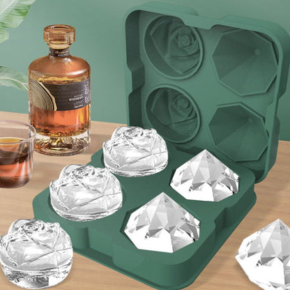 Cocktail-Eiswürfelformen mit 4 Löchern in Rosen-Diamantform, Silikon-Eisball-Maker, Rosenform (Grau), Rosenform (Dunkelgrün), Rosenform (Schwarz), Rosenform (Schwarz mit Eisklammer), Rosenform (Grau mit Eisklammer), Rosenform (Dunkelgrün mit Eisklammer)