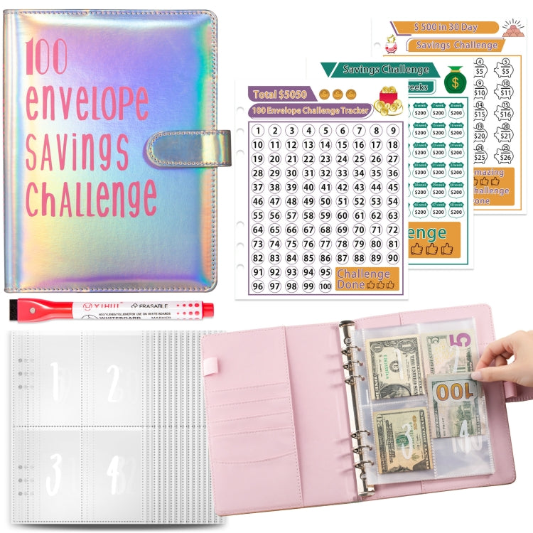 100 Day Savings Challenge A5 Loose Leaf Cash Budget Notebook, Colorful Silver, Black Gold, Rose Red