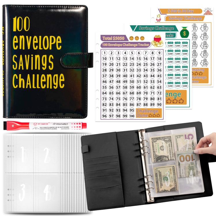 100 Day Savings Challenge A5 Loose Leaf Cash Budget Notebook, Colorful Silver, Black Gold, Rose Red