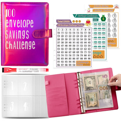 100-Tage-Spar-Challenge, A5-Notizbuch mit losen Blättern, Bargeldbudget, buntes Silber, Schwarzgold, Rosérot