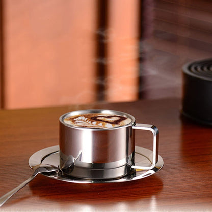 3-in-1-Kaffeetasse aus Edelstahl 304, doppellagig, mit Schale und Löffel, wärmeisolierend und verbrühungshemmend, Milchteetasse