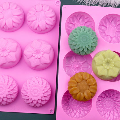 6 Gitter, 3 Gruppen, Blumenform, Silikon-Kuchenform, Backen, DIY, handgemachtes Seifenmodell, Sonnenblumen-Mondkuchenform, 6 Gitter, Blume