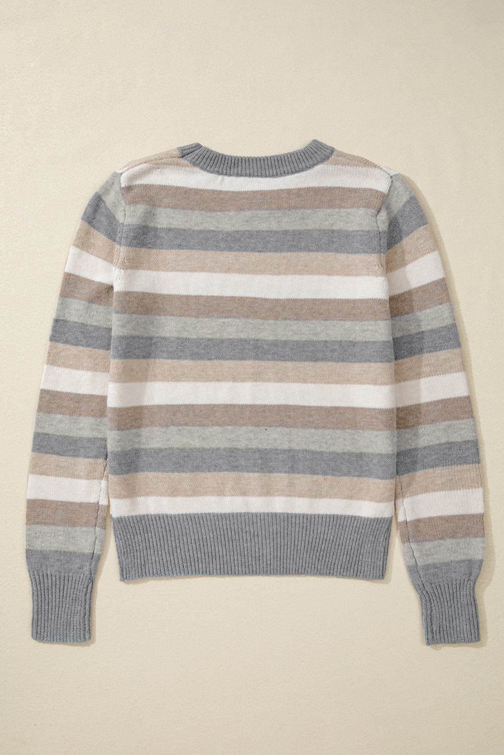 Grau gestreifter Pullover mit Farbblock und geripptem Rand und Rundhalsausschnitt