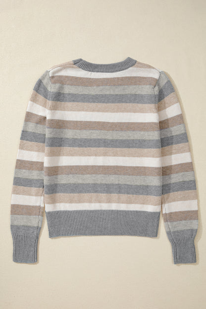 Grau gestreifter Pullover mit Farbblock und geripptem Rand und Rundhalsausschnitt