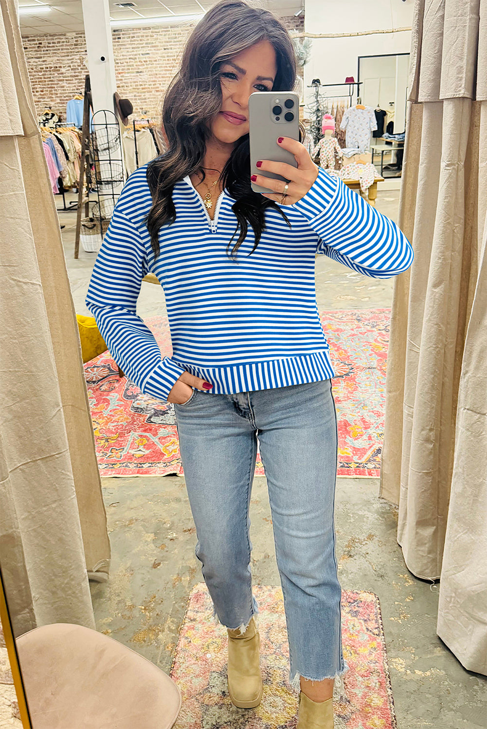 Blue Stripe Quarter Zip Collar Pullover Long Sleeve Top