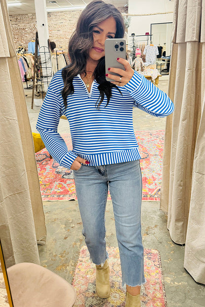 Blue Stripe Quarter Zip Collar Pullover Long Sleeve Top