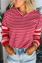 Strawberry Pink Mix Striped Drop Shoulder Patchwork Sleeve V Neck Pullover
