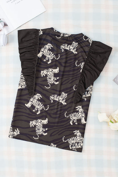 Schwarzes, stylisches Oberteil mit Rüschenärmeln und Animalprint
