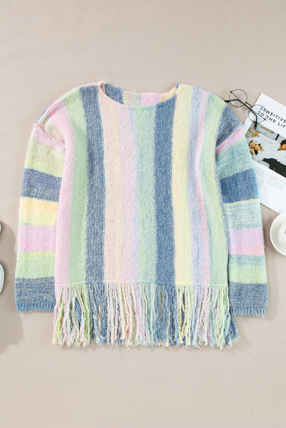 Lilafarbener Tunika-Pullover mit Fransen und überschnittener Schulter