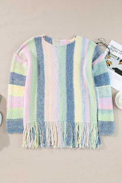 Lilafarbener Tunika-Pullover mit Fransen und überschnittener Schulter