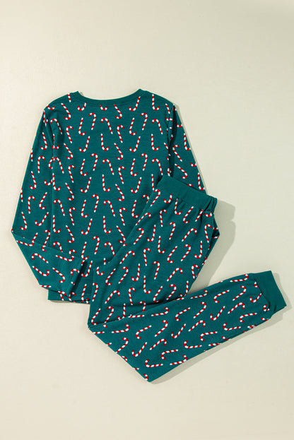 Grünes Lounge-Set mit Oberteil und Hose mit Weihnachts-Zuckerstangen-Aufdruck