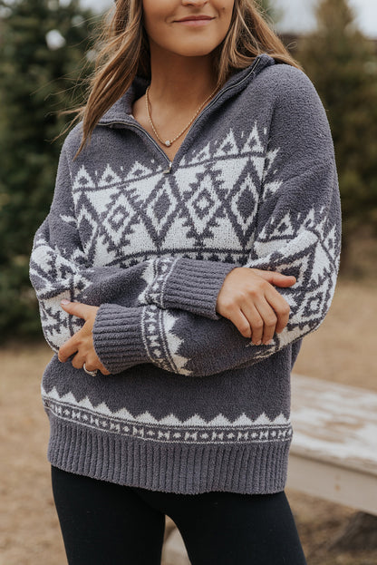 Grauer Pullover mit Viertelreißverschluss und geometrischem Western-Print